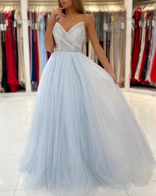 Elegant A-Line Tulle Spaghetti Straps Floor-length Prom Dress With Beading_4