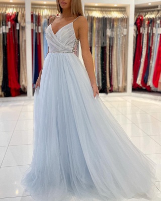 Elegant A-Line Tulle Spaghetti Straps Floor-length Prom Dress With Beading_3