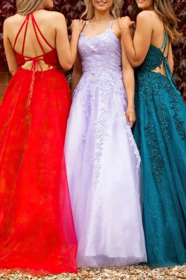 A-Line Spaghetti Straps Party Dress Appliques Lace Tulle Floor-length Prom Dress_1