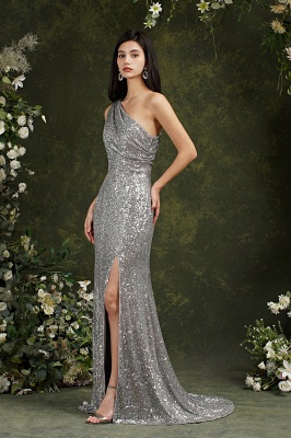 Attractive Sequins One Shoulder Mermaid Bridesmaid Dress With Side Slit_4