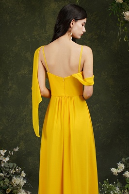 Yellow Spaghetti Straps Backless A-Line Chiffon Split Bridesmaid Dress With Pockets_4