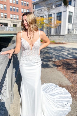 Sweetheart Spaghetti Straps Appliques Lace Mermaid Open Back Wedding Dress_1