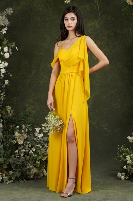 Yellow Spaghetti Straps Backless A-Line Chiffon Split Bridesmaid Dress With Pockets_8
