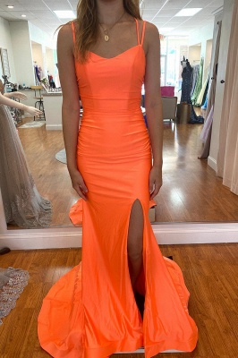 Orange Sweetheart Spaghetti Straps Floor-length Backless Mermaid Prom Dress With Split_1