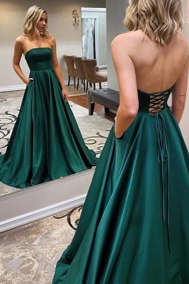 A-Line Strapless Backless Satin Floor-length Ruffles Prom Dress With Pockets_1