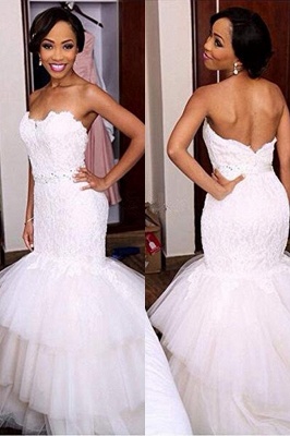 Tiered Tulle Appliques Sweetheart Crystal Mermaid Wedding Dresses_1