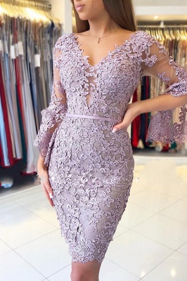 Elegant Sheath V-neck Knee-length Long Sleeve Appliques Lace Prom Dress_2