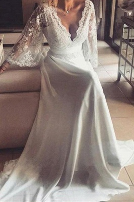 Lace A-Line V-Neck Long Sexy Wedding Dresses_1