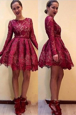 Elegant A-line Long Sleeves Short Burgundy Lace Homecoming Dresses_1