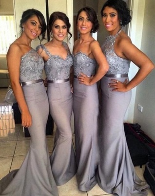 Sequined Appliques Draped Ruffle Grey Bridesmaid Dresses | Mermaid Satin Party Gowns_1