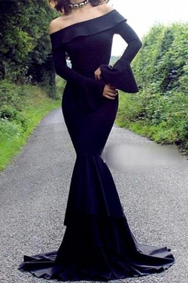 Sexy Off-the-Shoulder Long-Sleeve Black Mermaid Prom Dresses_1