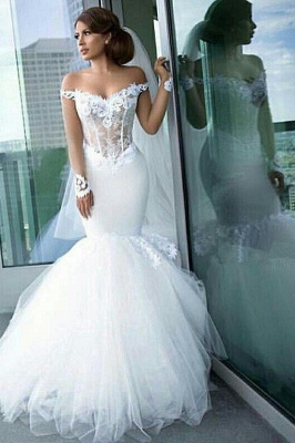 Elegant Off-the-Shoulder Tulle Appliques Mermaid Long Sleeves Wedding Dresses_1