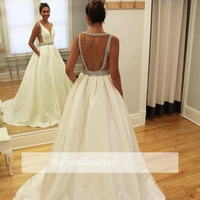 Ball-Gown Deep-V-Neck Sleeveless Simple Beading Open-Back Straps Wedding Dresses_3
