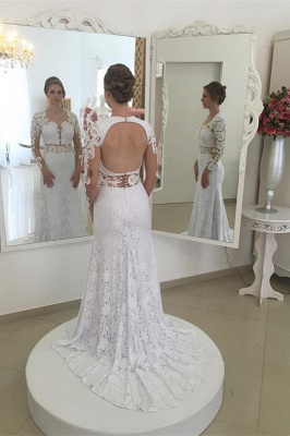 Elegant White Appliques Open Back Mermaid Wedding Dresses Sleeves Lace_1