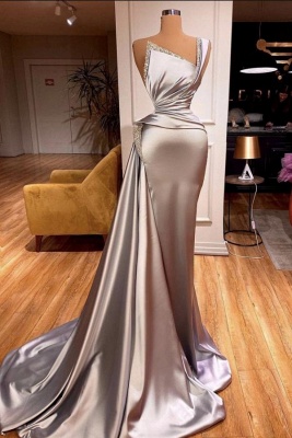 Charming Grey Asymmetrical One Shoulder A-Line Sleeveless Stretch Satin Prom Dress with Ruffles_1
