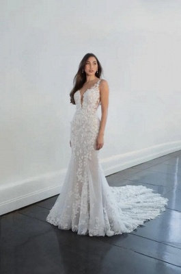 Modern Straps Sleeveless Lace Appliques Mermaid 2023 Wedding Dress