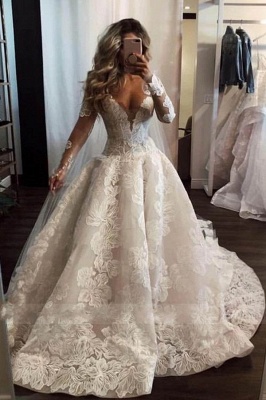 Fashion Long A-line V-neck Lace Wedding Dress with Sleeves_1