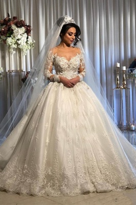 Princess Long Sleeve Lace Applique Ball Gown Wedding Dress | Puffy Bridal Gown_1