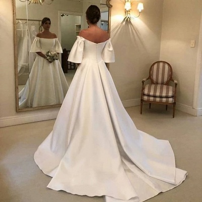 Simple A-Line Off-the-Shoulder Short Sleeve Floor-length Ruffles Satin Wedding Dress_3