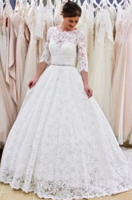 Modern Long A-line Lace Floor length Wedding Dress with Sleeves_1