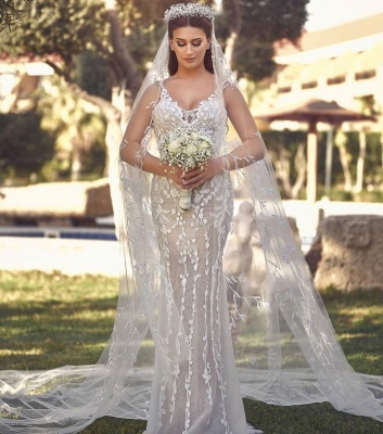 Luxury Straps V Neck Sleeveless Sheath Wedding Dresses With Detachble Train | Floral Detachable Skirt Brildal Gown_2