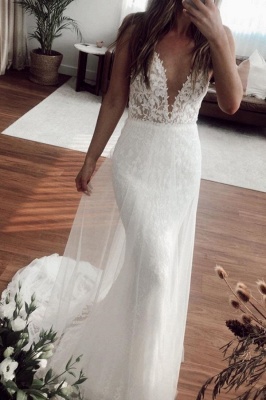 Casual Straps V Neck Lace Column Wedding Dresses | Detachable Skirt Wedding Gown_1