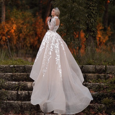 Gorgeous A-Line High-neck Long Sleeve Appliques Lace Floor-length Train Wedding Dress_3