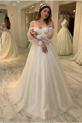Charming Sheer Jewel Neckline Long Sleeve A Line Wedding Dresses | Floral Wedding Gown_1