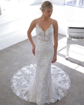 Sexy Spaghetti Strap V Neck Applique Lace Sheath Wedding Dresses With Detachable Skirt_3