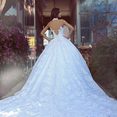 Vintage High-neck Appliques Lace Floor-length Backless Ball Gown Wedding Dress_3