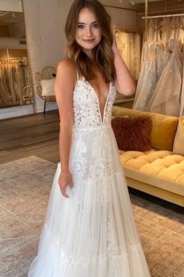 Romantic  Straps V Neck Applique Tulle A Line Beach Wedding Dress | Floor Length Wedding Gown_1
