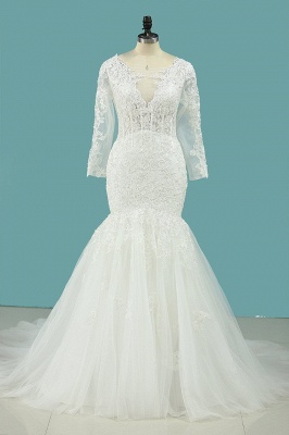 Vintage Square Neckline Long Sleeve Appliques Lace Pearl Mermaid Wedding Dress_1