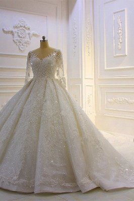 Vintage Bateau Long Sleeve Appliques Lace Beading Floor-length Ball Gown Wedding Dress_3