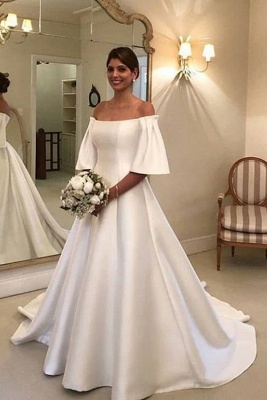 Simple A-Line Off-the-Shoulder Short Sleeve Floor-length Ruffles Satin Wedding Dress_1