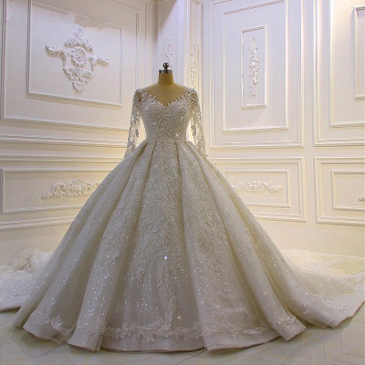 Vintage Bateau Long Sleeve Appliques Lace Beading Floor-length Ball Gown Wedding Dress_1