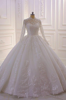 Ball Gown Long Sleeves High neck Lace Wedding Dress_1