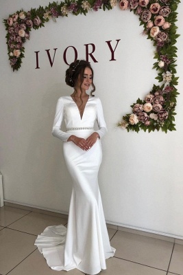 Graceful Deep V Neck Long Sleeve Open Back Crystal Fit And Flare Mermaid Wedding Dresses With Sash_1