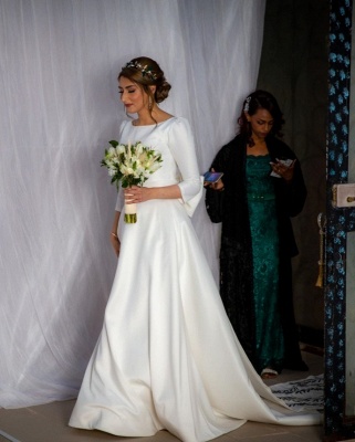 Elegant Jewel Three Quarters Sleeve Embroidery A Line Wedding Dresses With Bow_5