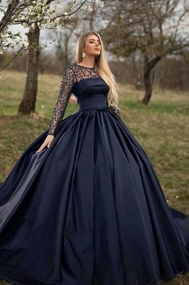 Classy Black A-line Bateau Long Sleeve Pearl Floor-length Ruffles Satin Prom Dress_1