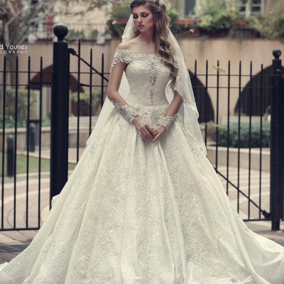 Elegant Off-the-Shoulder Long Sleeve Appliques Lace Backless A-Line Wedding Dress_2