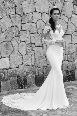 Elegant Bateau Long Sleeve Appliques Lace Floor-length Mermaid Wedding Dress_1