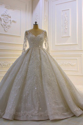 Vintage Bateau Long Sleeve Appliques Lace Beading Floor-length Ball Gown Wedding Dress_2