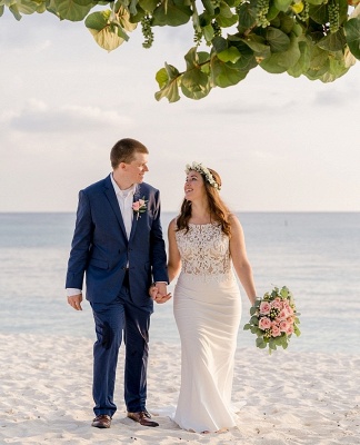 Simple Jewel Sleeveless Lace Floor Length Sheath Summer Beach Wedding Dresses_2