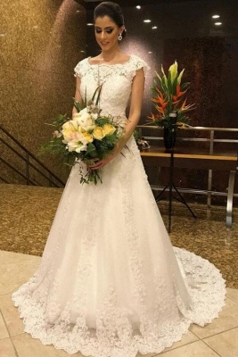 Simple White Long A line Lace Wedding Dress