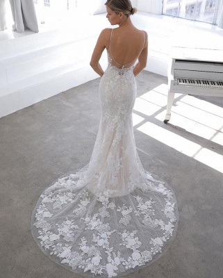 Sexy Spaghetti Strap V Neck Applique Lace Sheath Wedding Dresses With Detachable Skirt_4