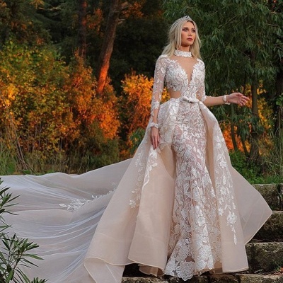 Gorgeous A-Line High-neck Long Sleeve Appliques Lace Floor-length Train Wedding Dress_2