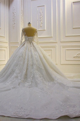 Vintage Bateau Long Sleeve Appliques Lace Beading Floor-length Ball Gown Wedding Dress_6