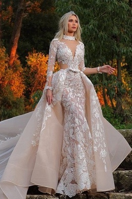 Gorgeous A-Line High-neck Long Sleeve Appliques Lace Floor-length Train Wedding Dress_1