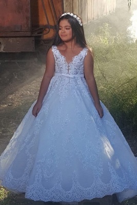 Beautiful A-line V-neck Appliques Lace Full Length Flower Girl Dresses With Bowknot Sash