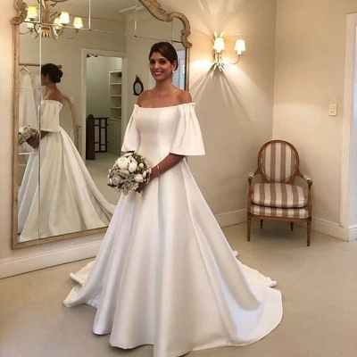 Simple A-Line Off-the-Shoulder Short Sleeve Floor-length Ruffles Satin Wedding Dress_2